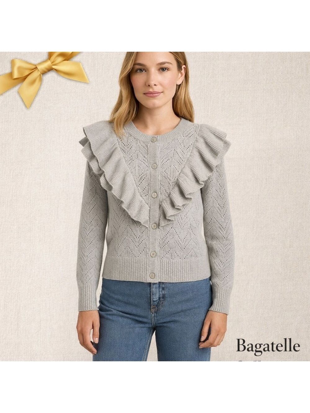 Bagatelle Collection Ruffle Knit Cardigan Sweater Grey L
